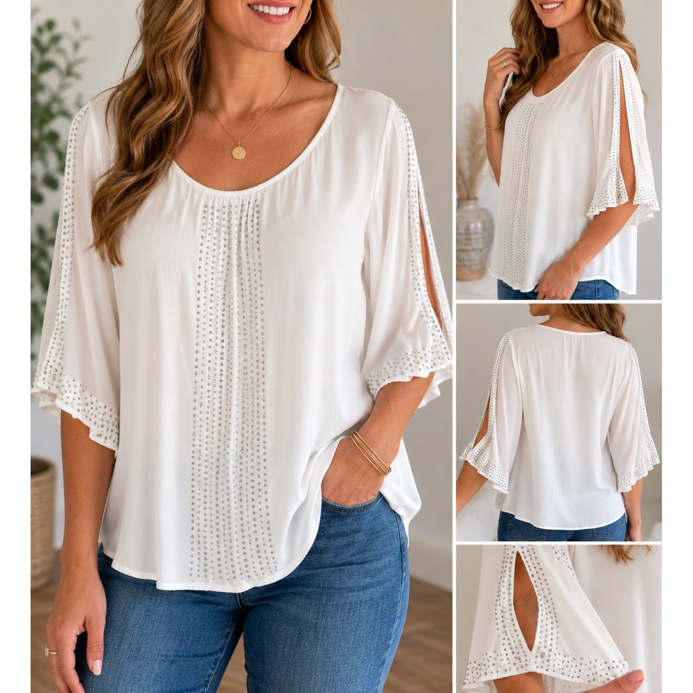 Jennifer Lopez White Studded Split Sleeve Blouse XL Scoop Neck Cold Shoulder Top
